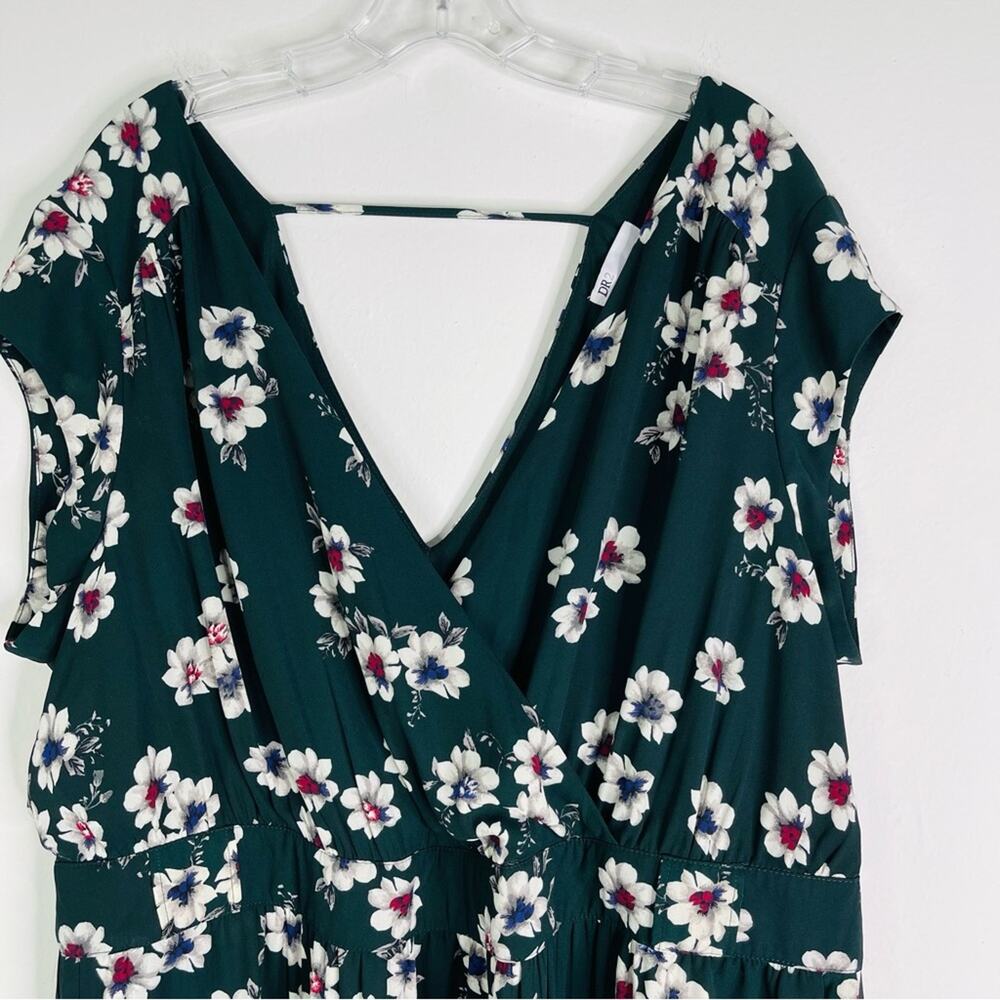 DR2 green white floral chiffon cross front cottagecore boho preppy midi dress 2X - Picture 2 of 8